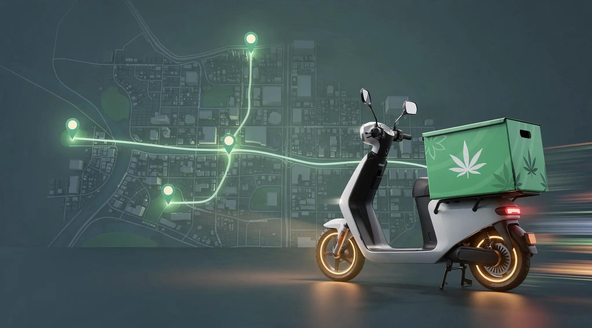 Cannabis delivery scooter with branded box traversing Bloomfield, NJ, illustrating A-Z Supply's same-day delivery service for legal cannabis products.