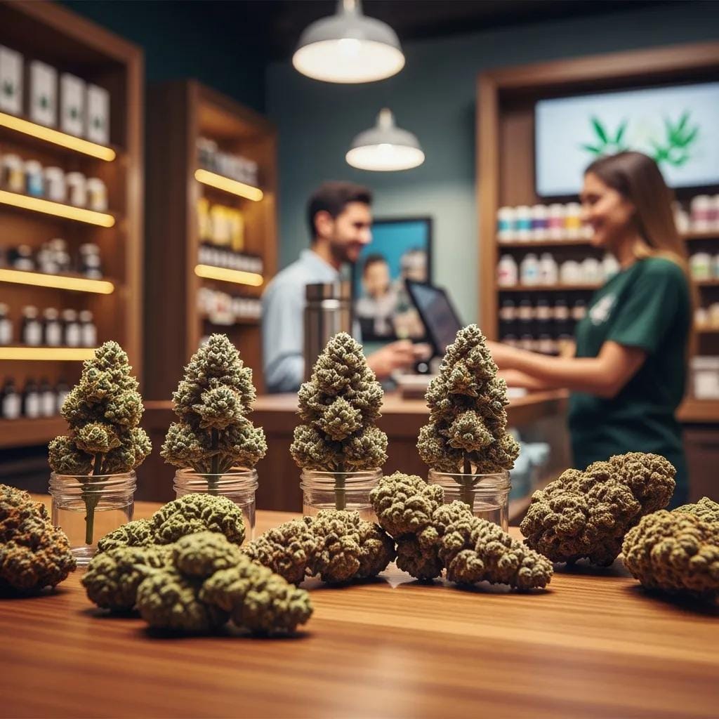 Selection of quality cannabis strains in jars at A-Z Supply Bloomfield dispensary, showcasing vibrant colors and textures for legal purchase.