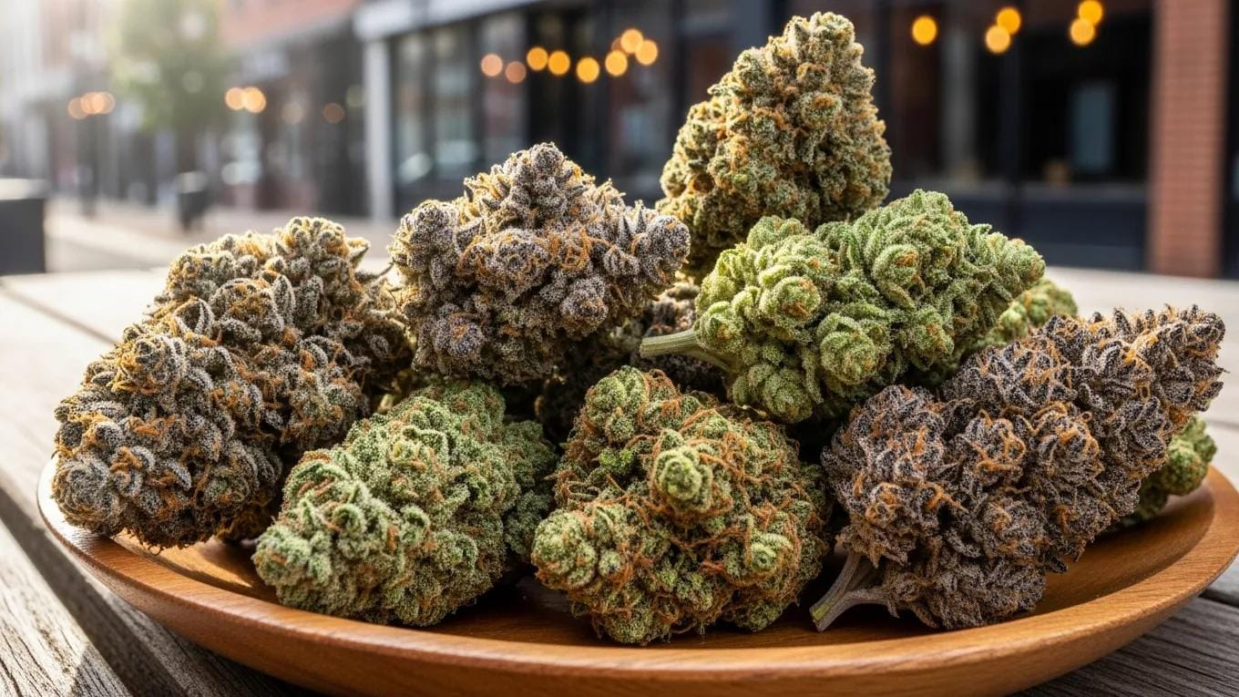 Variety of cannabis flower strains showcasing unique colors and textures available in Bloomfield NJ.