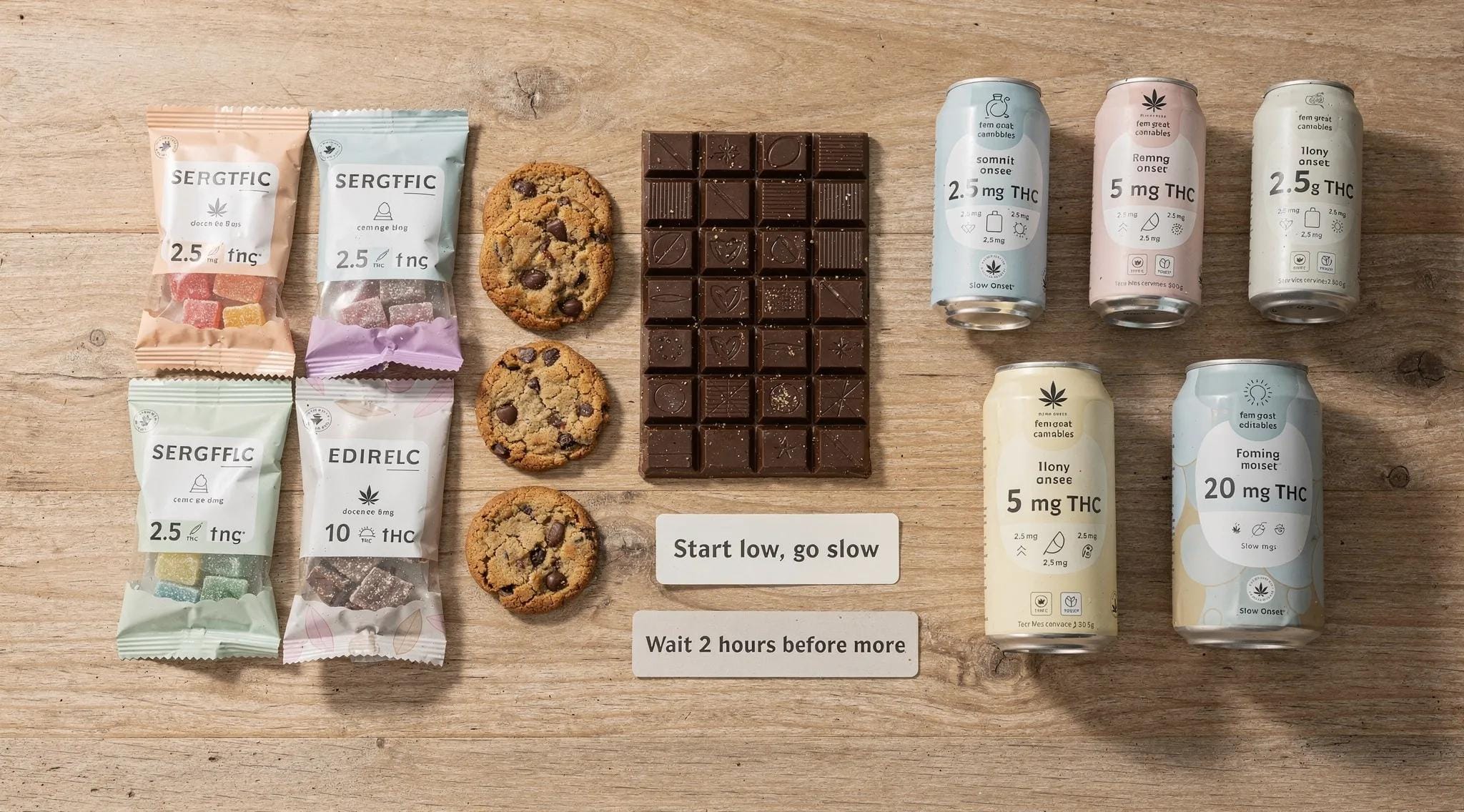 Variety of legal cannabis edibles including gummy candies, chocolate bars, and infused beverages for purchase at A-Z Supply Dispensary in Bloomfield, NJ.