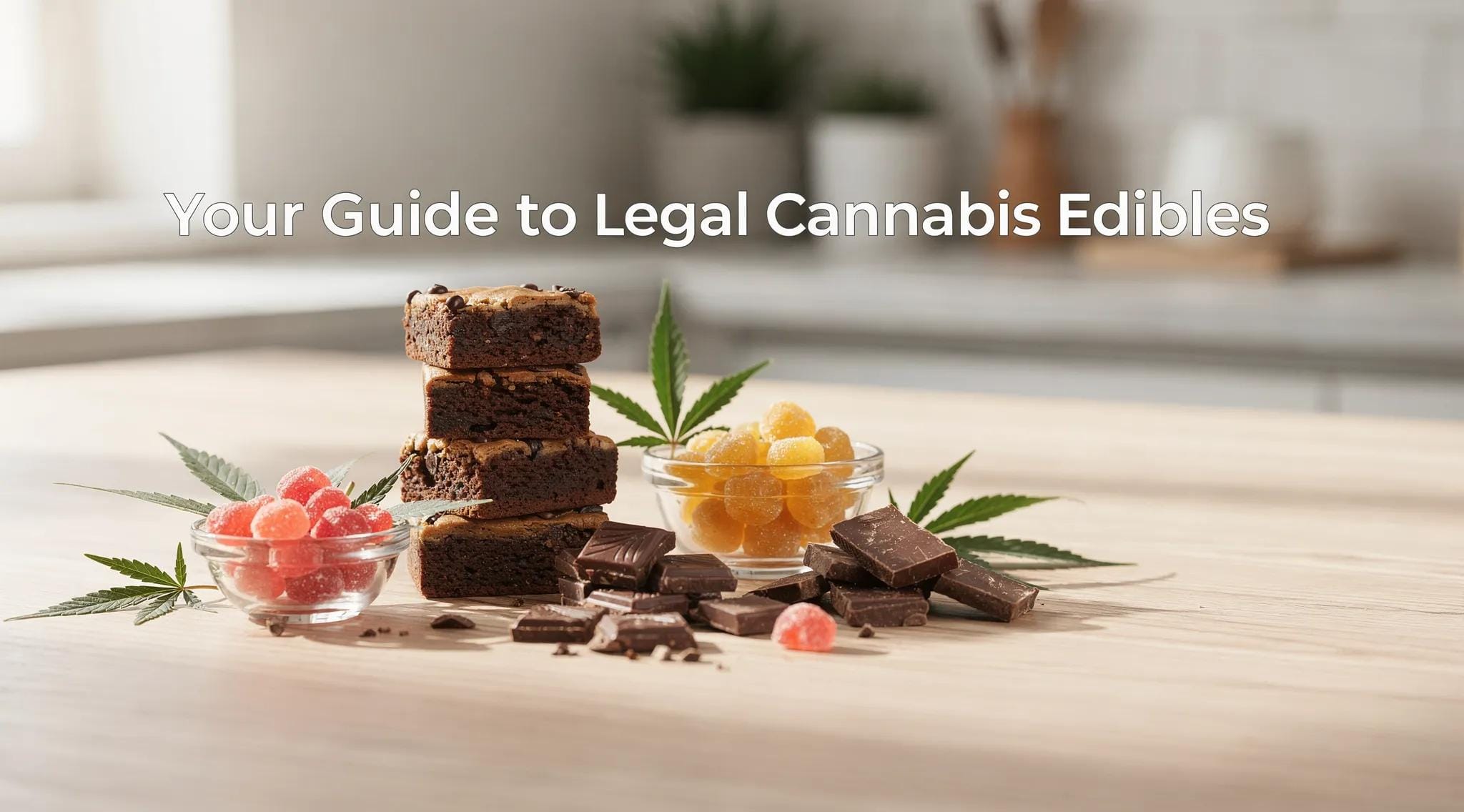 Cannabis brownies, gummies, and chocolate edibles display with cannabis leaf, illustrating legal cannabis options for adults 21 and older.