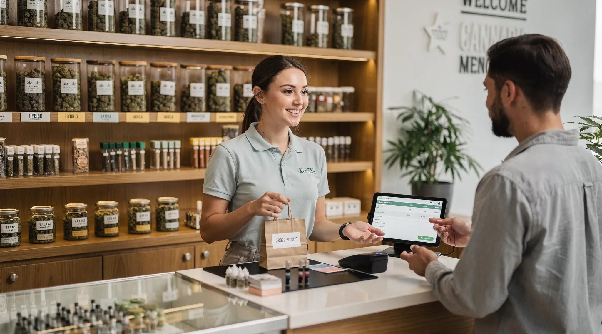 A-Z Supply Dispensary in Bloomfield NJ, customer service representative assisting shopper with cannabis purchase at the counter.
