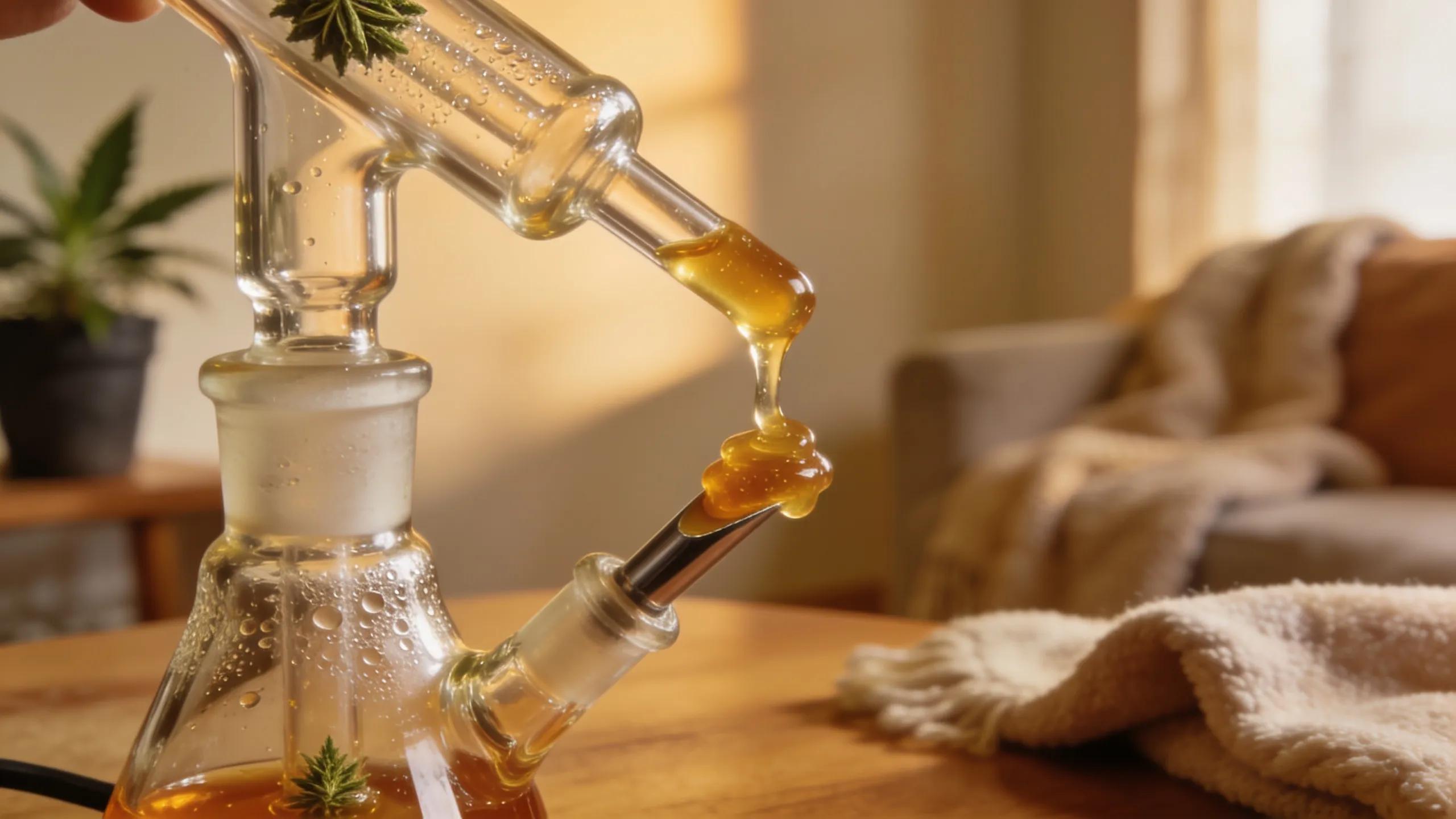 Cannabis concentrate dripping into a glass dab rig, illustrating dabbing techniques for cannabis enthusiasts in Bloomfield, NJ.