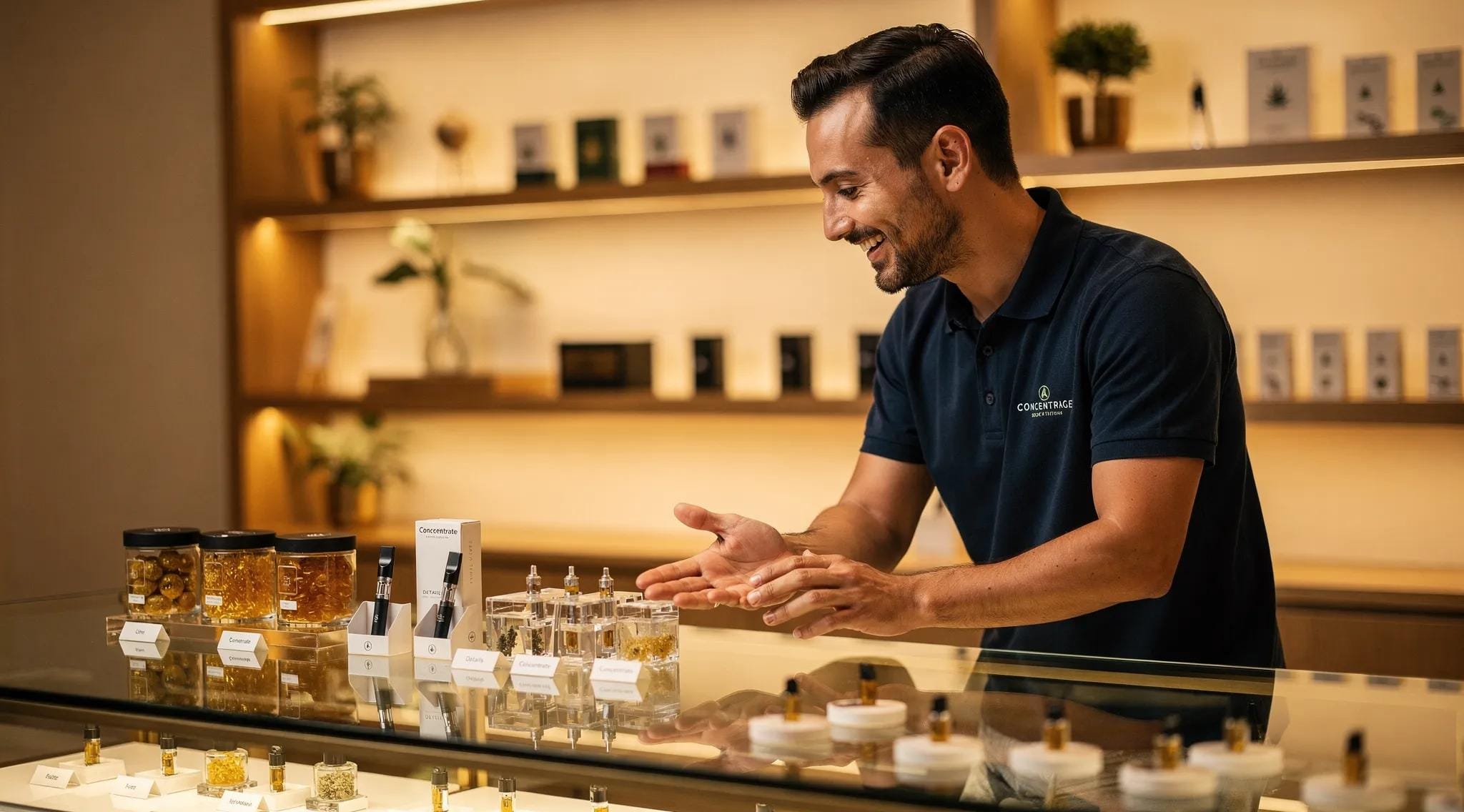 A-Z Supply dispensary display case featuring cannabis concentrates and flower, with a staff member assisting customers in Bloomfield, NJ.