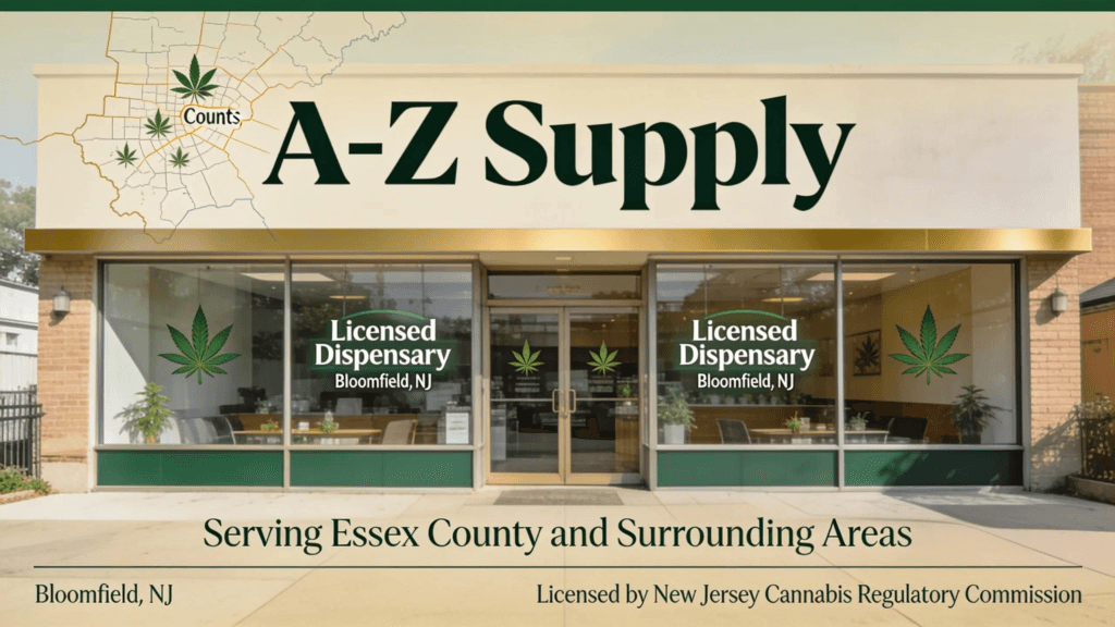 A-Z Supply Dispensary storefront in Bloomfield, NJ, serving Essex County and surrounding areas, licensed by