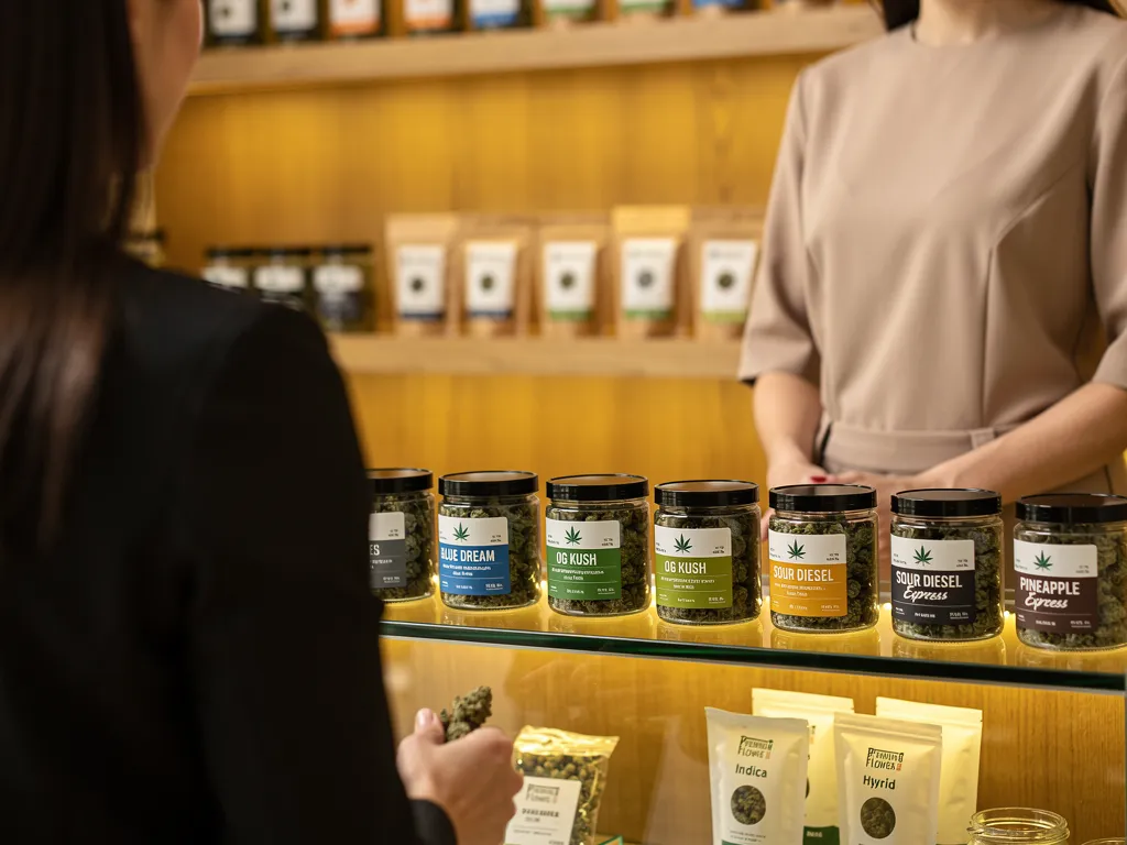 Budtender helping a customer choose the right cannabis flower strain at a New Jersey dispensary