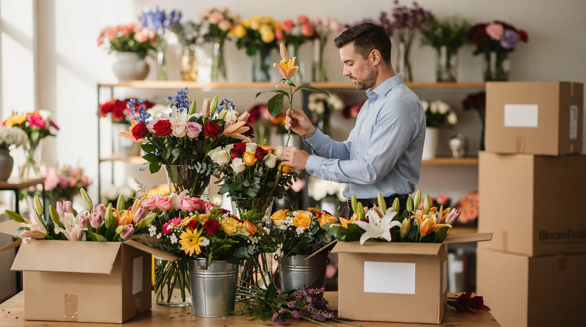 A-Z Supply Inc dispensary in Bloomfield, NJ, with a staff member arranging premium cannabis flower bouquets and arrangements.