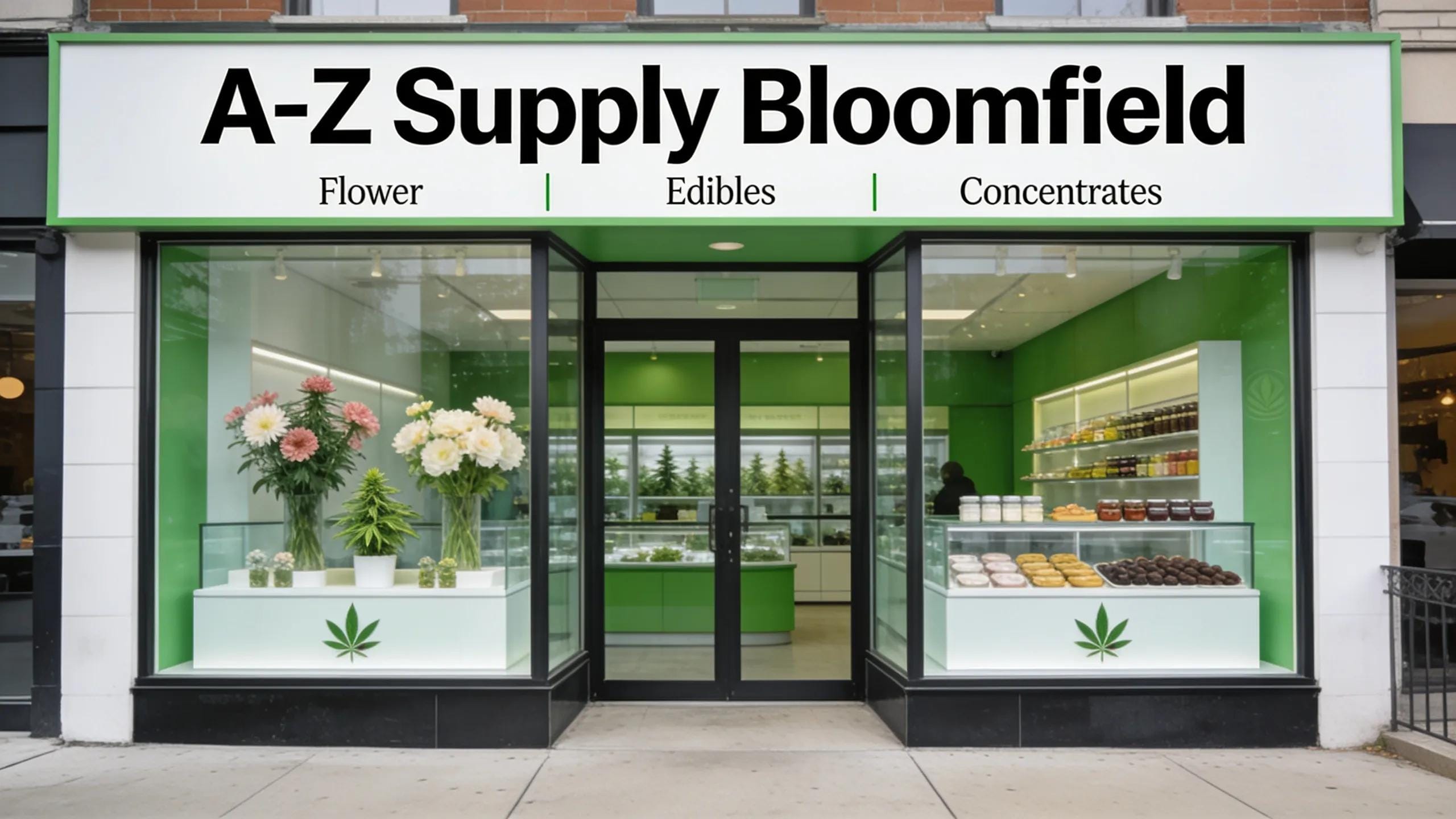 A-Z Supply Bloomfield dispensary storefront featuring flower, edibles, and concentrates, displaying premium cannabis products and