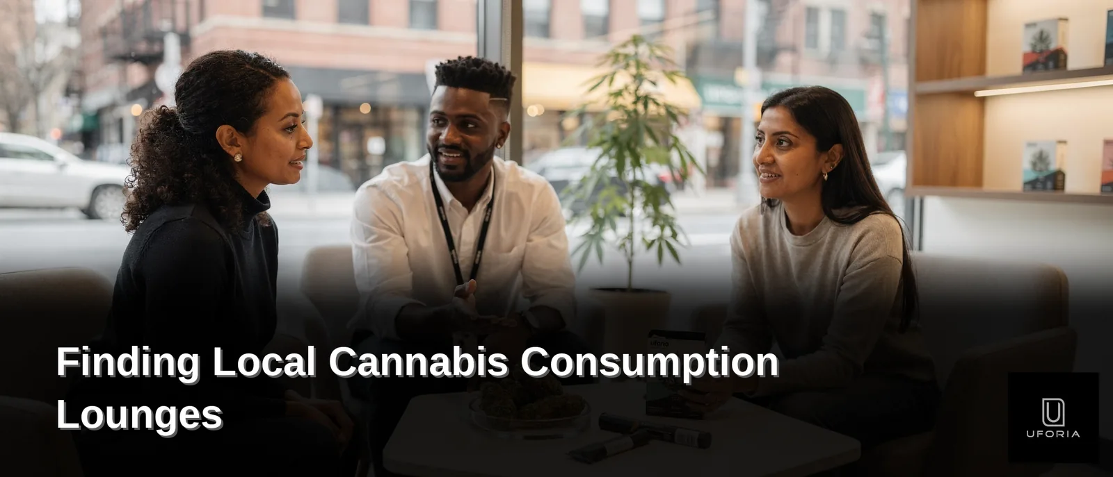 Adults 21 and older conversing in a cannabis lounge setting, illustrating legal consumption spaces and