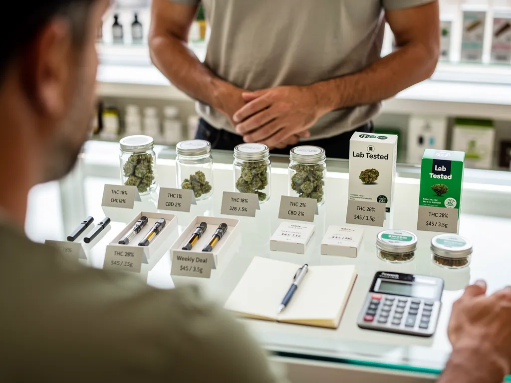 Close-up of a cannabis label showing THC percentage and price per gram