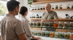 Indica, sativa, and hybrid cannabis flower jars on display