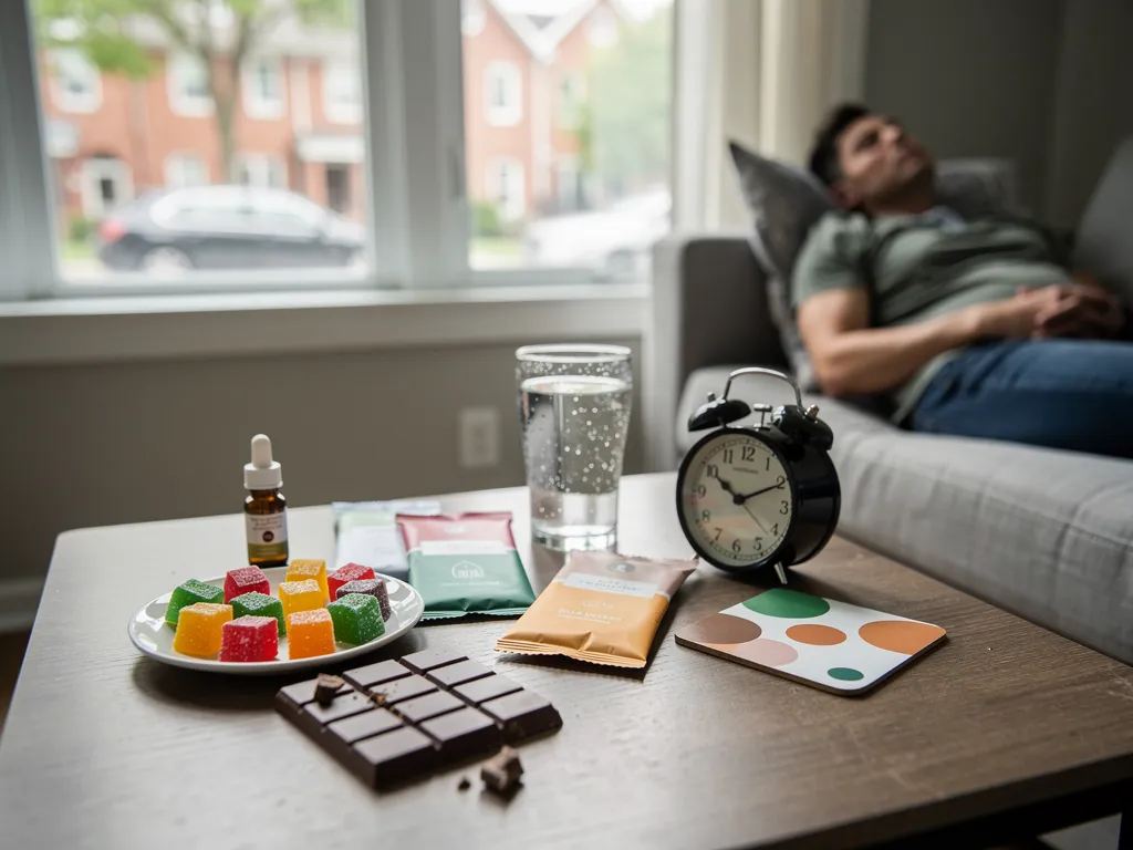 Low-dose edible gummy next to a glass of water and a clock