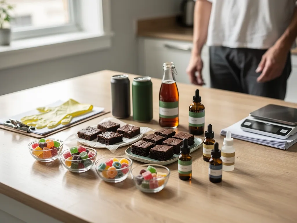 Lineup of gummies, chocolates, and tinctures with THC labeling