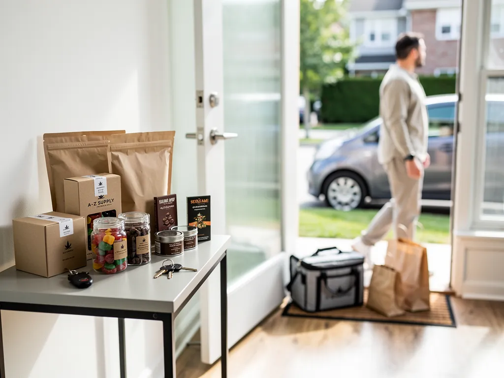 Driver handing off a discreet cannabis delivery package at the door