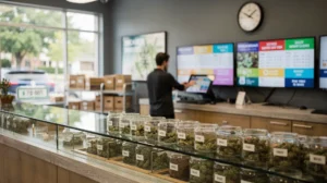 Cannabis flower jars and pricing menu display in a New Jersey dispensary