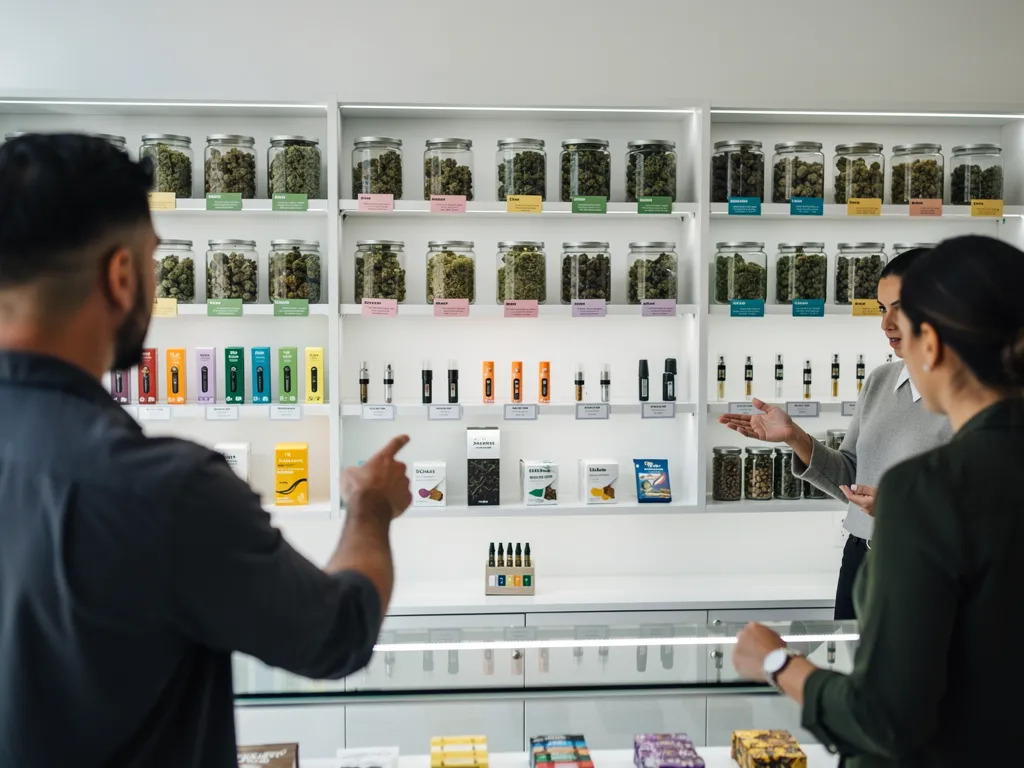 Dispensary storefront interior with transparent pricing signage in Bloomfield