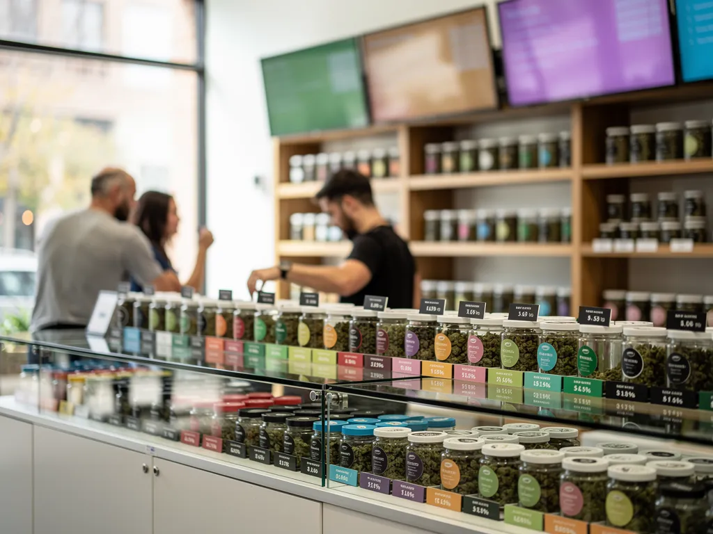 Budtender comparing wholesale cannabis flower pricing tiers on shelf labels