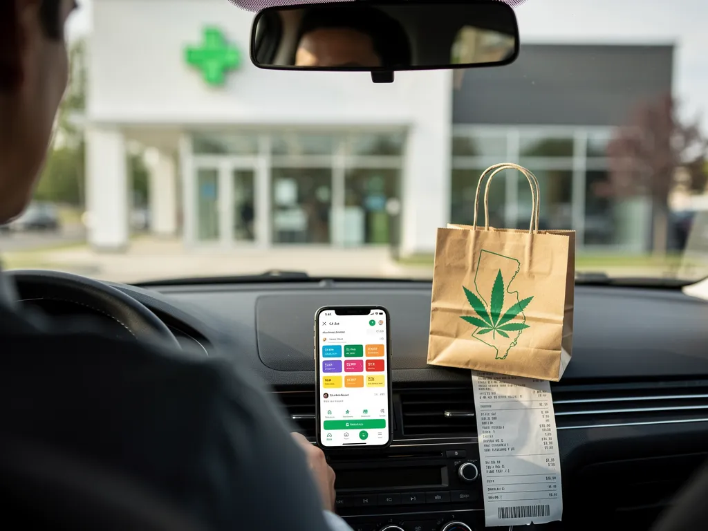 Shopper leaving a Bloomfield dispensary with a purchase bag at sunset