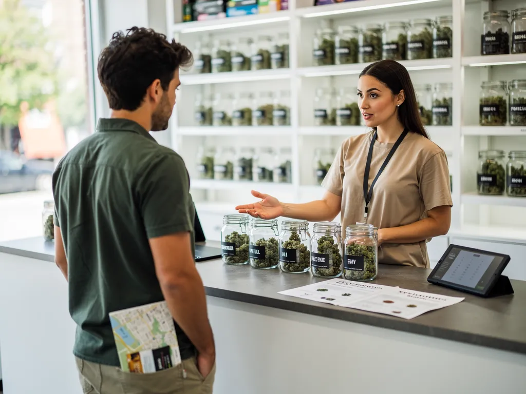Budtender pointing out current flower pricing on a shelf label