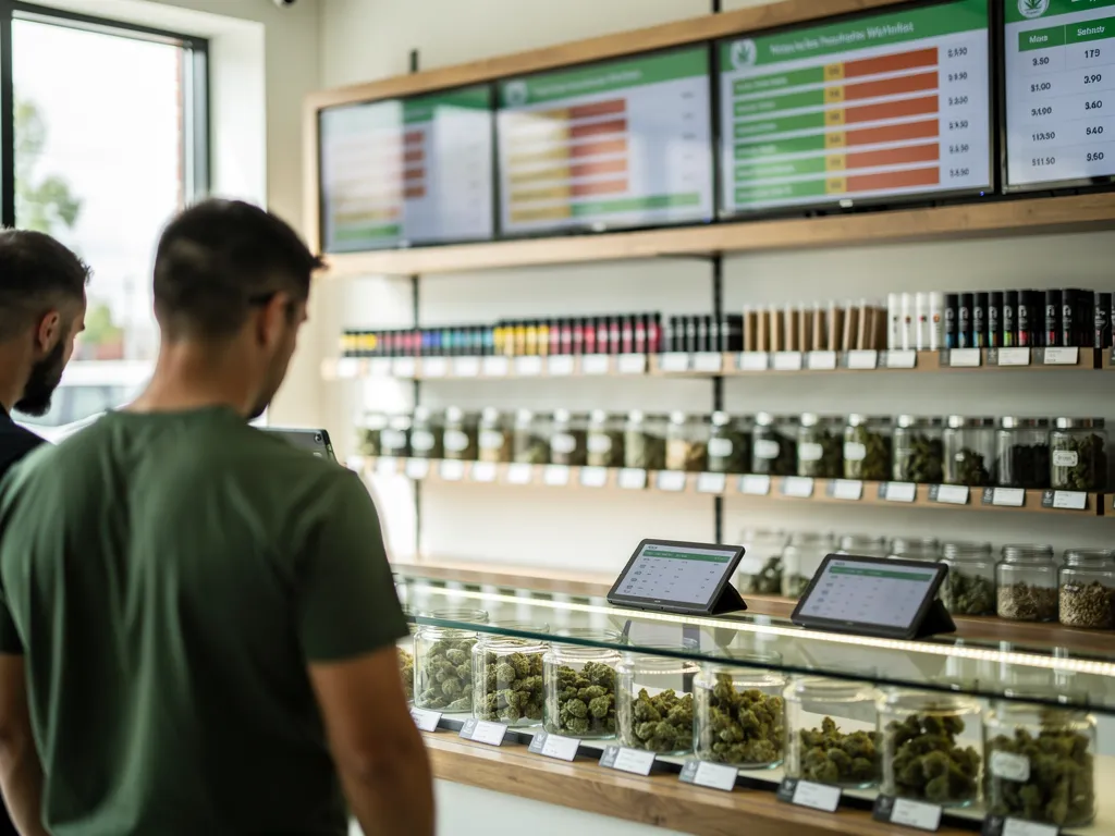 Jars of cannabis flower displayed with digital price tags on dispensary shelving