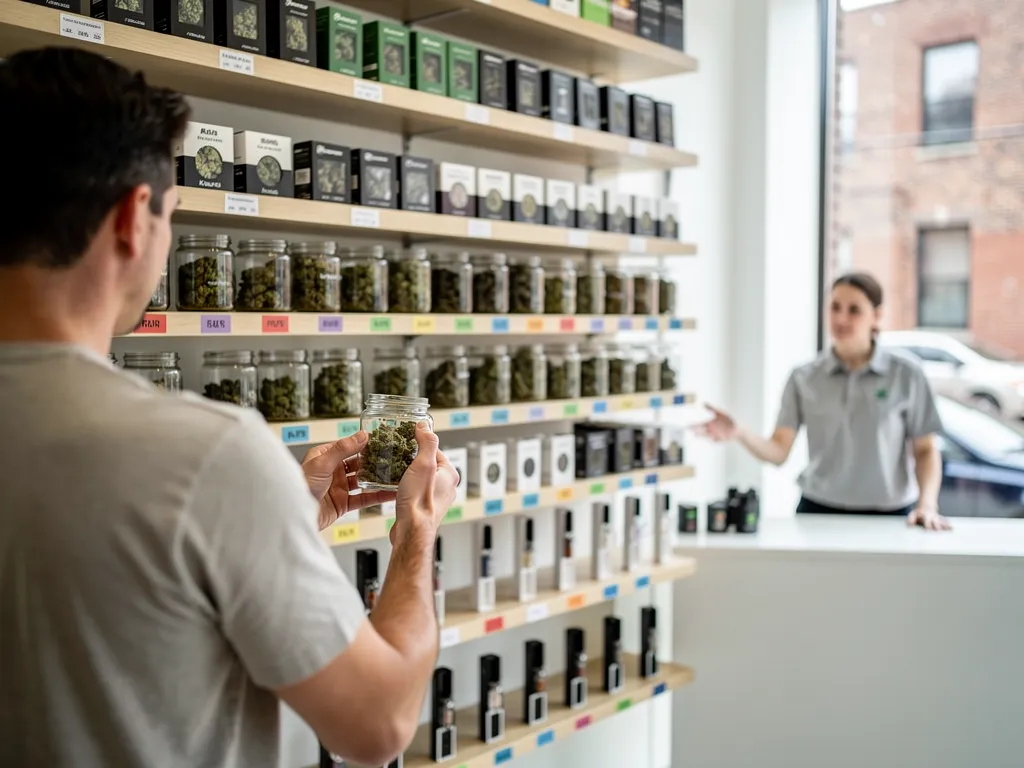 Shopper comparing cannabis flower and edible prices across product jars