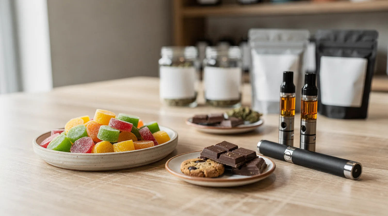 Cannabis edibles and vape cartridges displayed together in-store