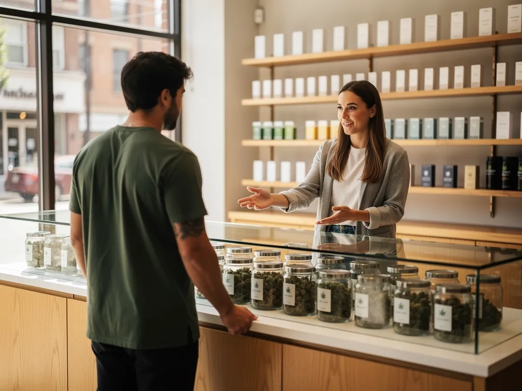 Budtender assisting a customer inside the Bloomfield dispensary