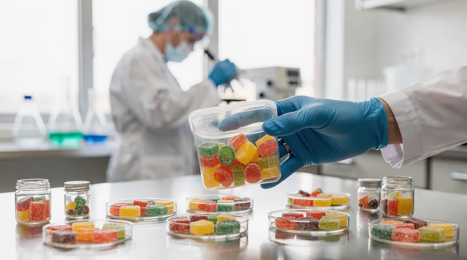 Budtender inspecting packaged edibles for quality at a dispensary counter