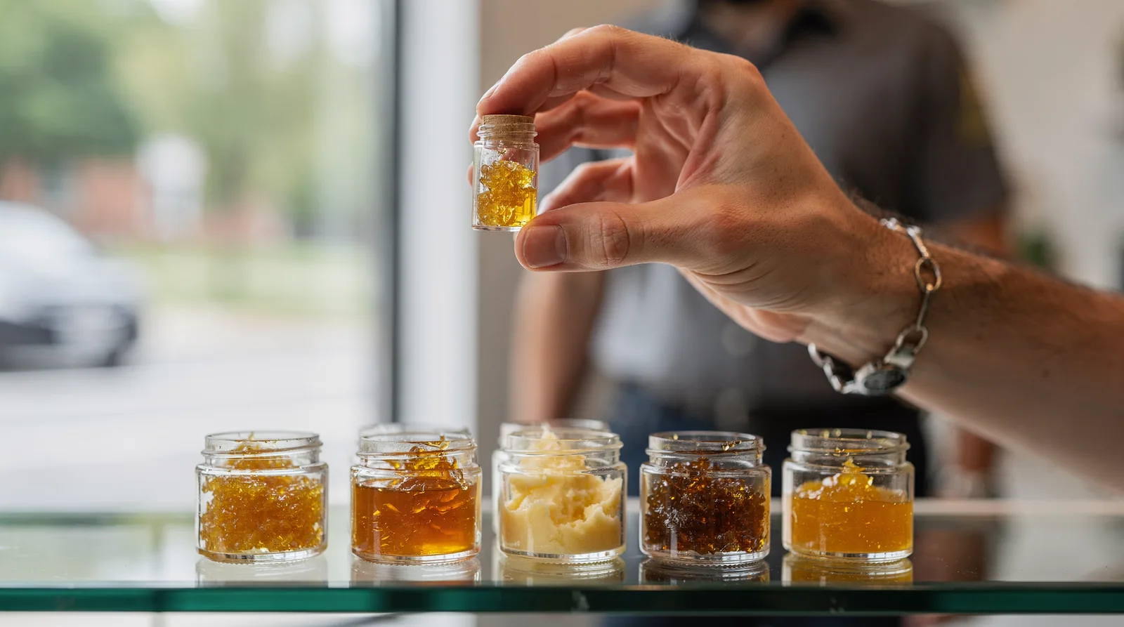 Budtender comparing concentrate jars with a customer